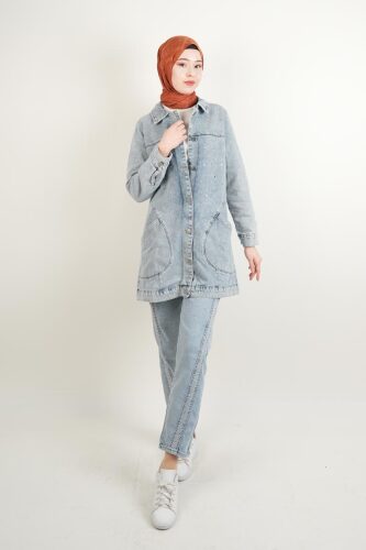 Denim Ceket Ön Taş Detaylı Araboy Ceket Alt Cepli Mavi - 2