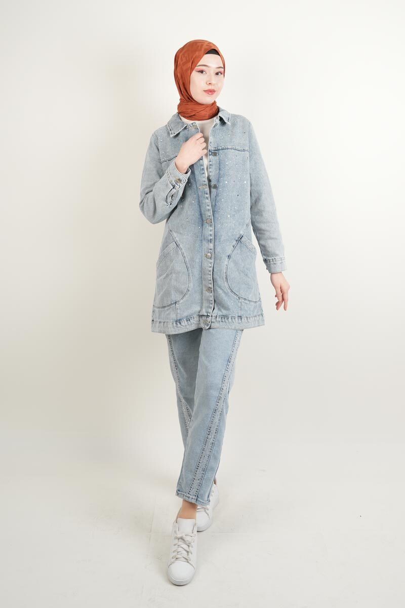 Denim Ceket Ön Taş Detaylı Araboy Ceket Alt Cepli Mavi - 2
