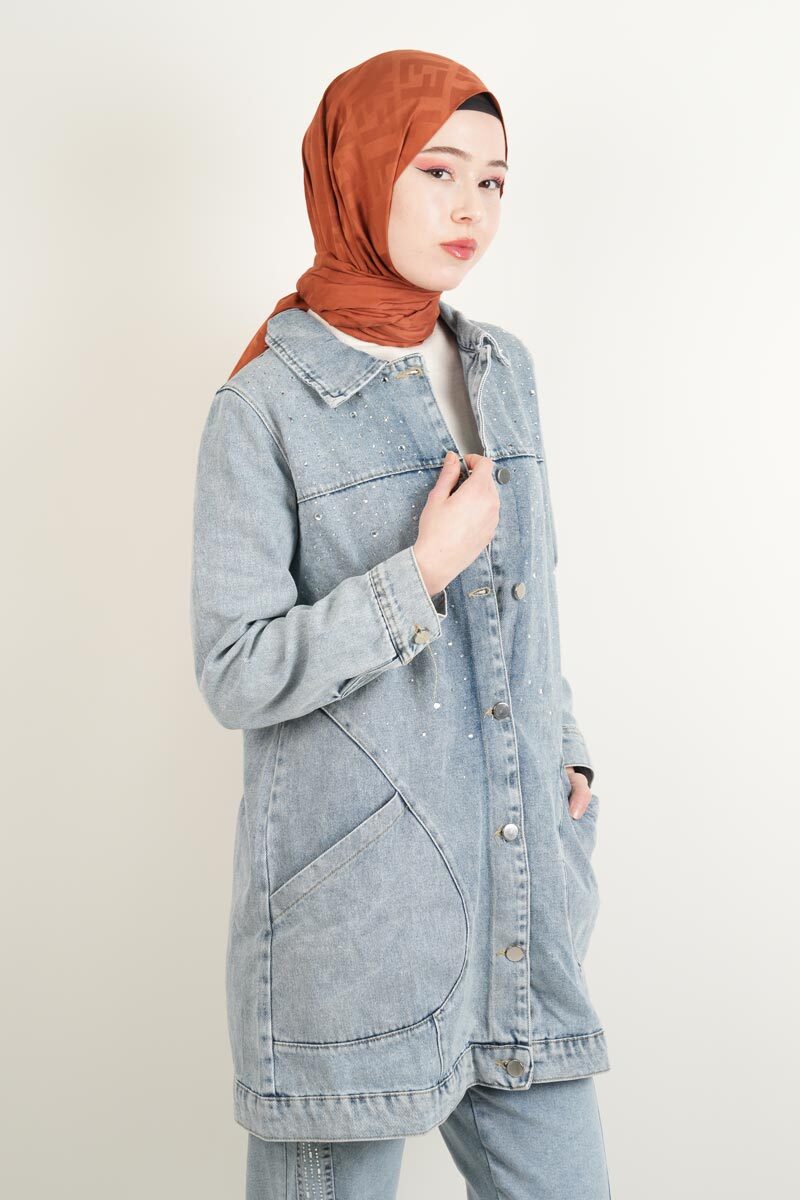 Denim Ceket Ön Taş Detaylı Araboy Ceket Alt Cepli Mavi - 3