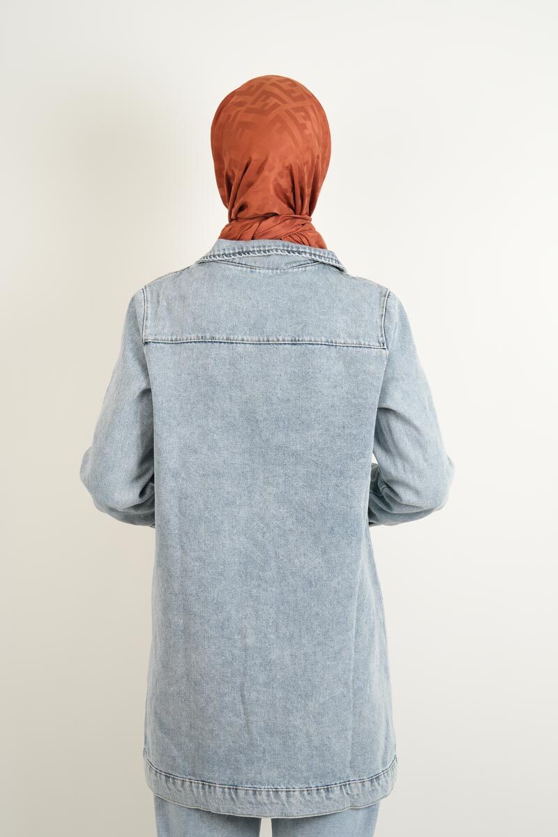 Denim Ceket Ön Taş Detaylı Araboy Ceket Alt Cepli Mavi - 4