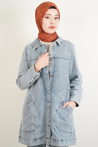 Denim Ceket Ön Taş Detaylı Araboy Ceket Alt Cepli Mavi - 03Kız Kulesi Teks