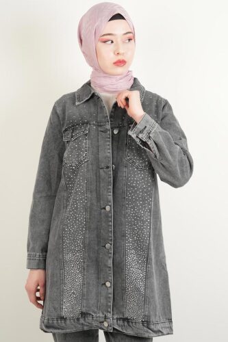 Denim Ceket Ön Taş Detaylı Araboy Ceket Üst Cepli Gri - 1