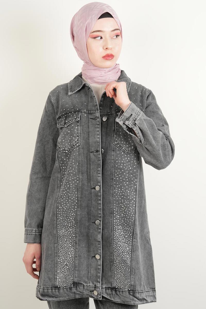 Denim Ceket Ön Taş Detaylı Araboy Ceket Üst Cepli Gri - 1