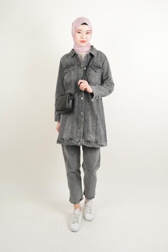 Denim Ceket Ön Taş Detaylı Araboy Ceket Üst Cepli Gri - 03Kız Kulesi Teks (1)