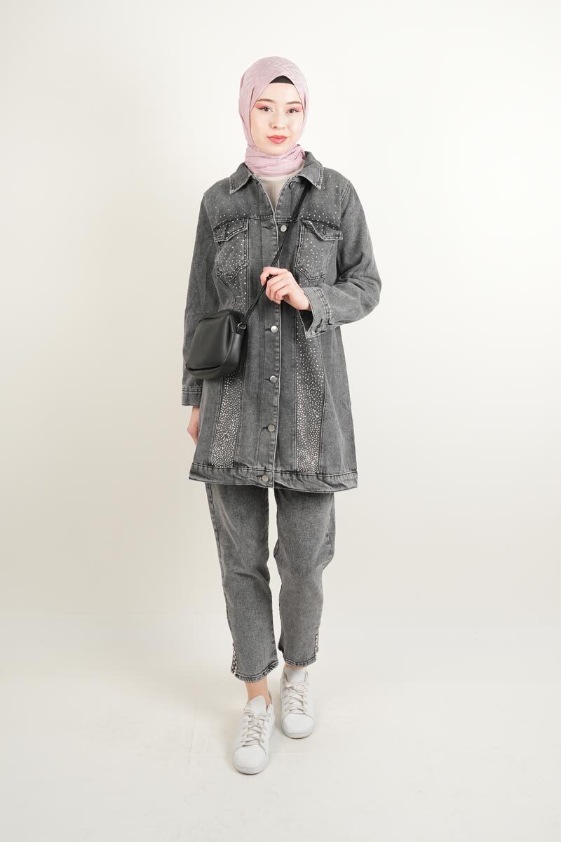 Denim Ceket Ön Taş Detaylı Araboy Ceket Üst Cepli Gri - 2