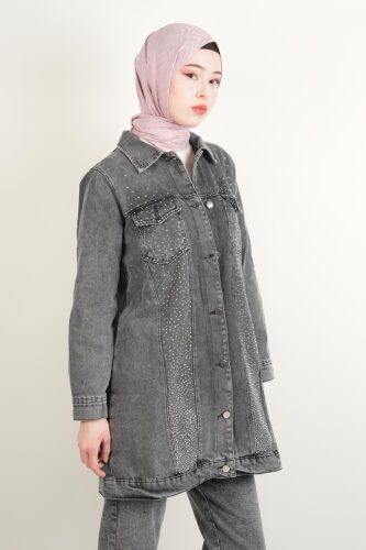 Denim Ceket Ön Taş Detaylı Araboy Ceket Üst Cepli Gri - 3