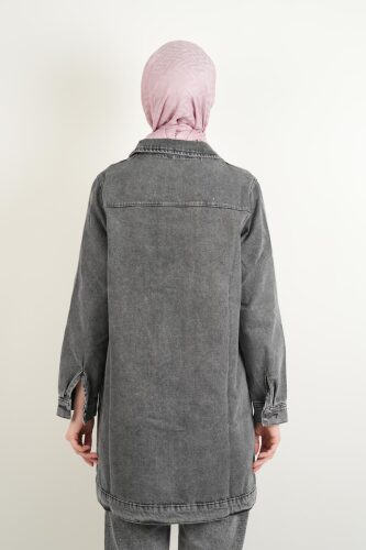Denim Ceket Ön Taş Detaylı Araboy Ceket Üst Cepli Gri - 4