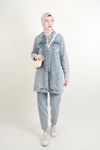 Denim Ceket Ön Taş Detaylı Araboy Ceket Üst Cepli Mavi 