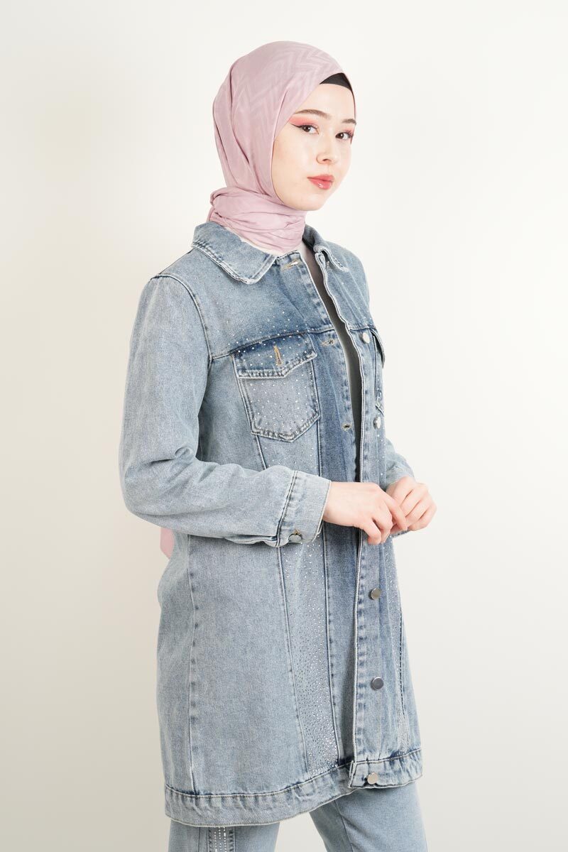 Denim Ceket Ön Taş Detaylı Araboy Ceket Üst Cepli Mavi - 2
