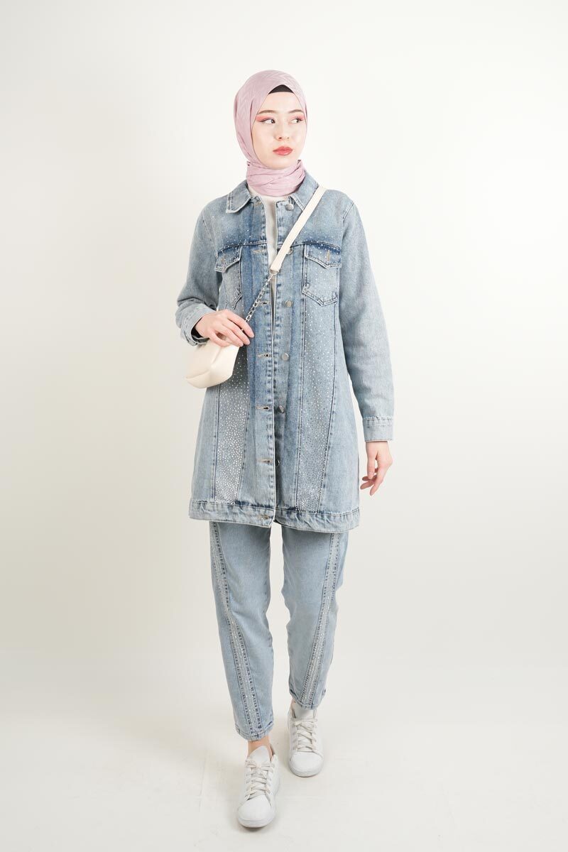 Denim Ceket Ön Taş Detaylı Araboy Ceket Üst Cepli Mavi - 1