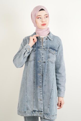 Denim Ceket Ön Taş Detaylı Araboy Ceket Üst Cepli Mavi - 3