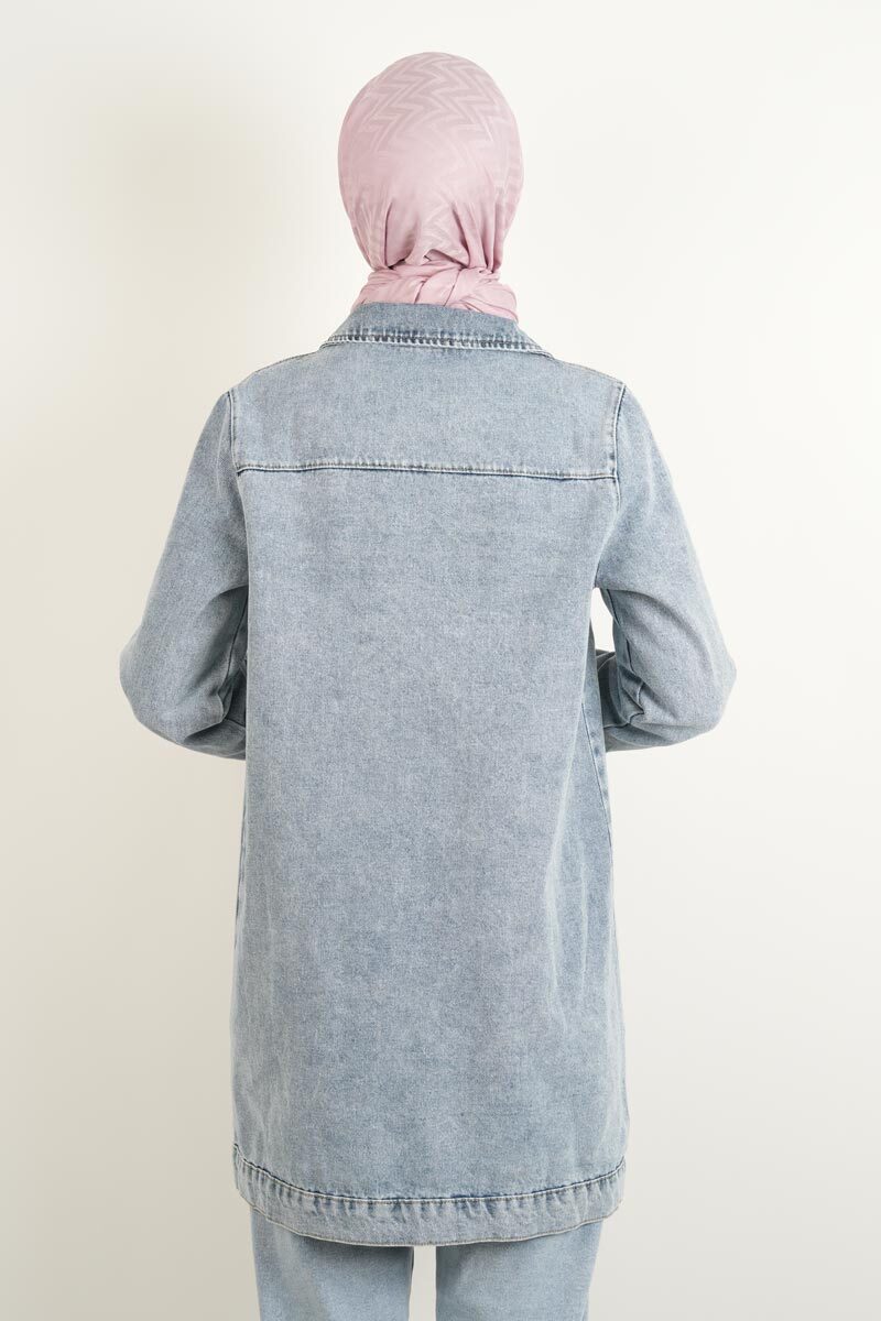 Denim Ceket Ön Taş Detaylı Araboy Ceket Üst Cepli Mavi - 4