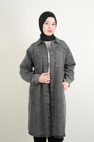 Denim Ceket Ön Taş Detaylı Denim Kap Uzun Gri - 03Kız Kulesi Teks