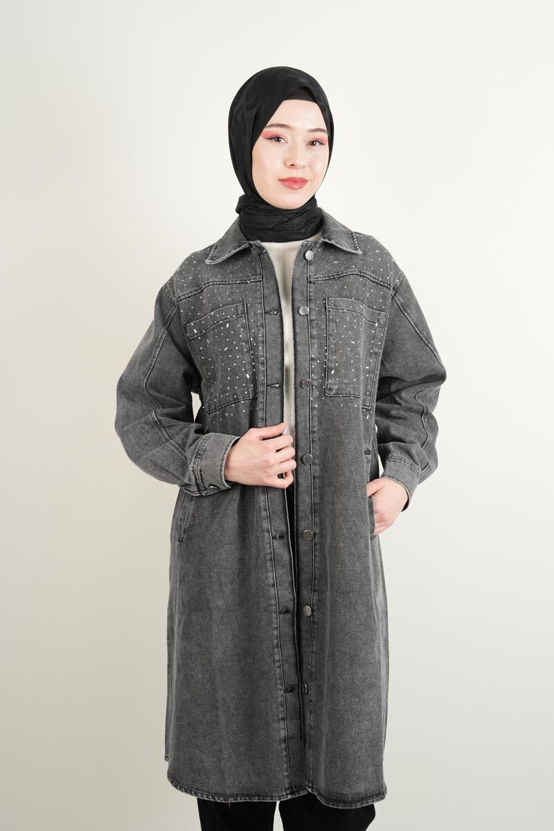Denim Ceket Ön Taş Detaylı Denim Kap Uzun Gri - 1