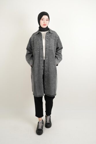 Denim Ceket Ön Taş Detaylı Denim Kap Uzun Gri - 03Kız Kulesi Teks (1)