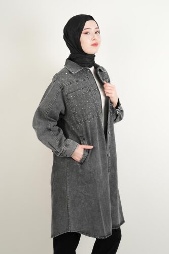 Denim Ceket Ön Taş Detaylı Denim Kap Uzun Gri - 3