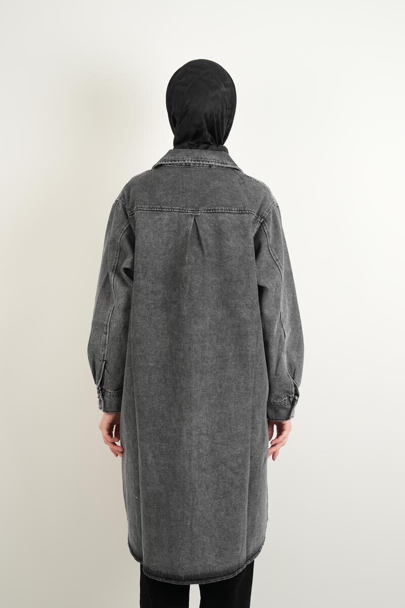 Denim Ceket Ön Taş Detaylı Denim Kap Uzun Gri - 4