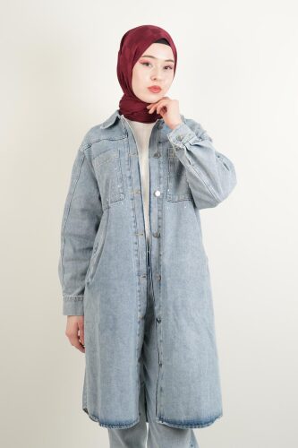 Denim Ceket Ön Taş Detaylı Denim Kap Uzun Mavi 
