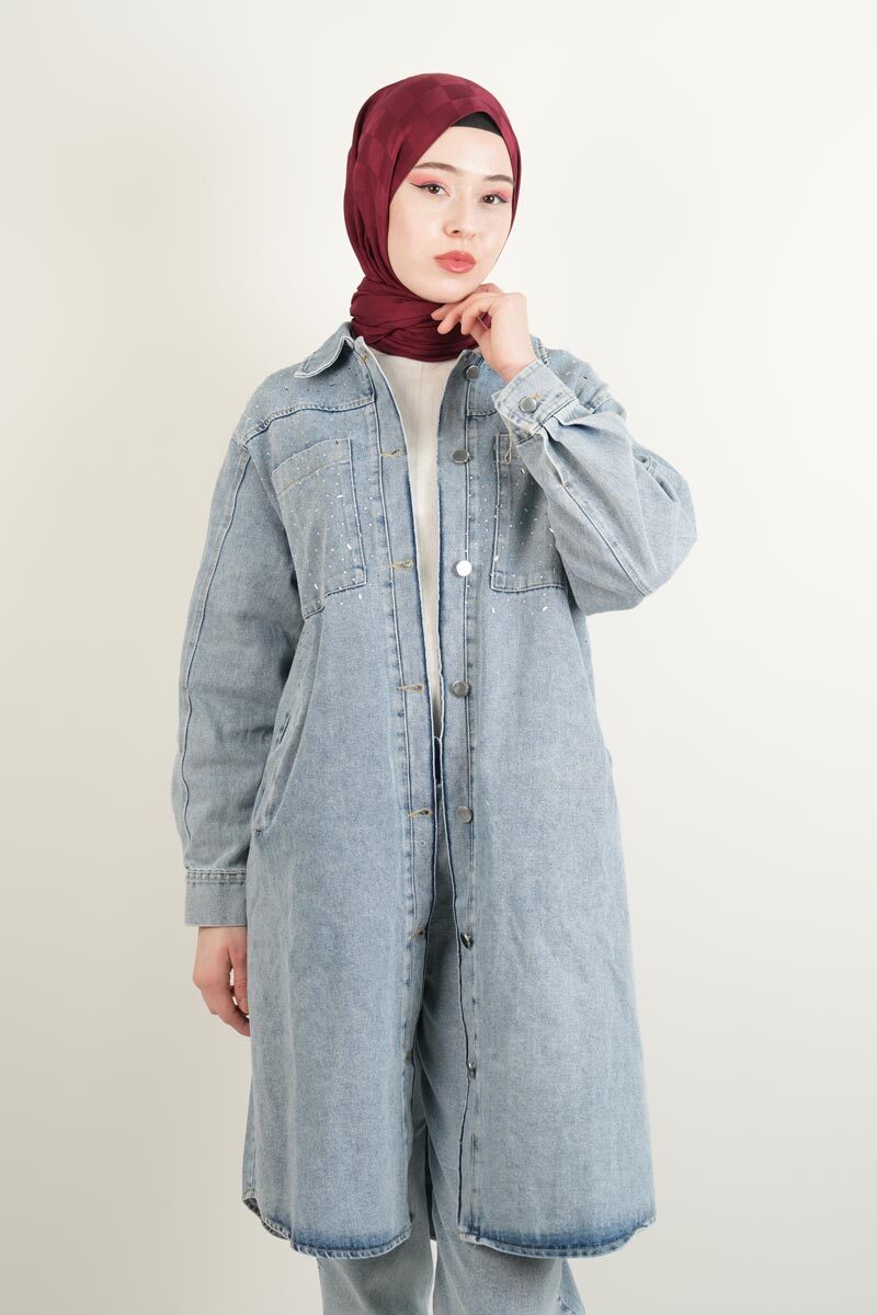 Denim Ceket Ön Taş Detaylı Denim Kap Uzun Mavi - 1