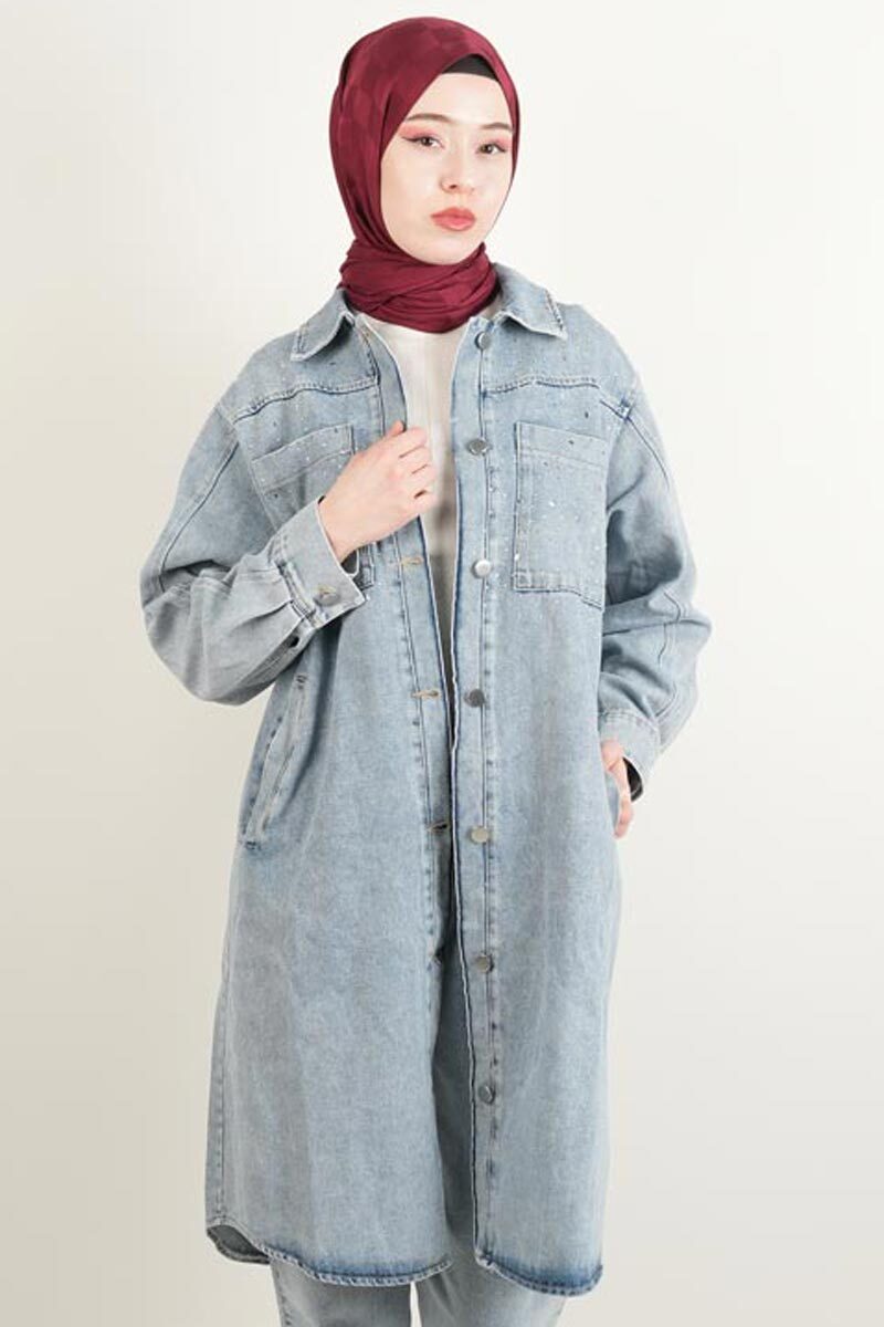 Denim Ceket Ön Taş Detaylı Denim Kap Uzun Mavi - 2