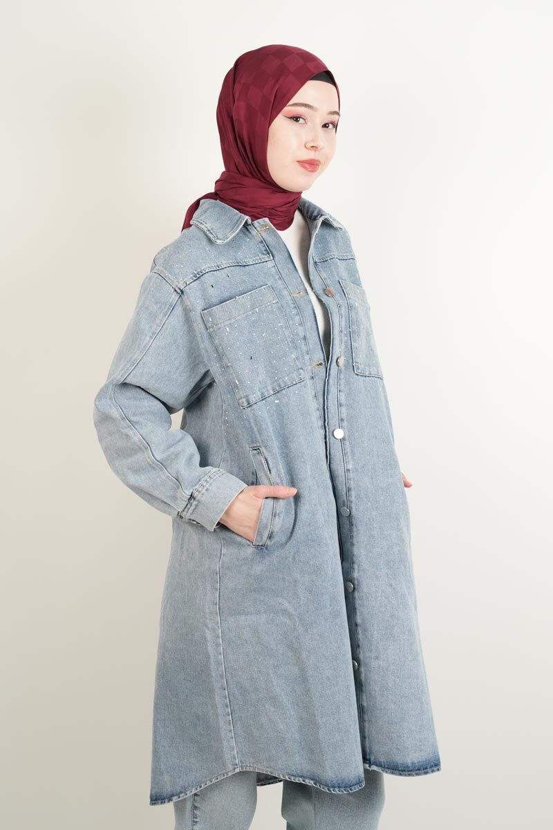 Denim Ceket Ön Taş Detaylı Denim Kap Uzun Mavi - 3