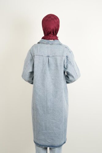 Denim Ceket Ön Taş Detaylı Denim Kap Uzun Mavi - 4