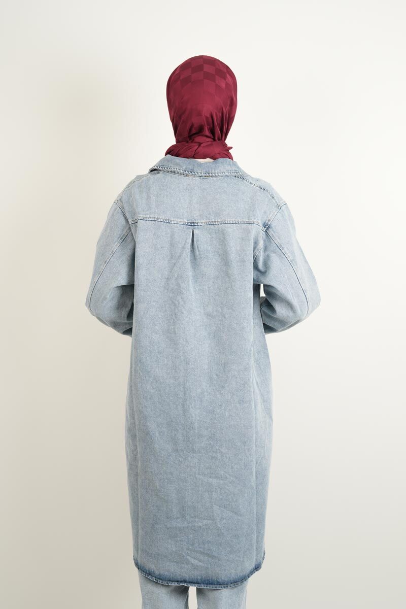 Denim Ceket Ön Taş Detaylı Denim Kap Uzun Mavi - 4