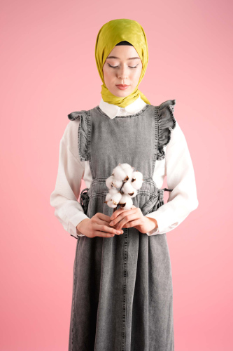 Denim Jile Elbise Fırfırlı Kol Arka Fermuar Kapama Denim Açık Gri - 4