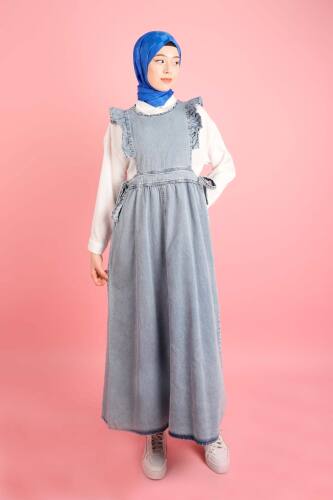 Denim Jile Elbise Fırfırlı Kol Arka Fermuar Kapama Denim Açık Mavi 