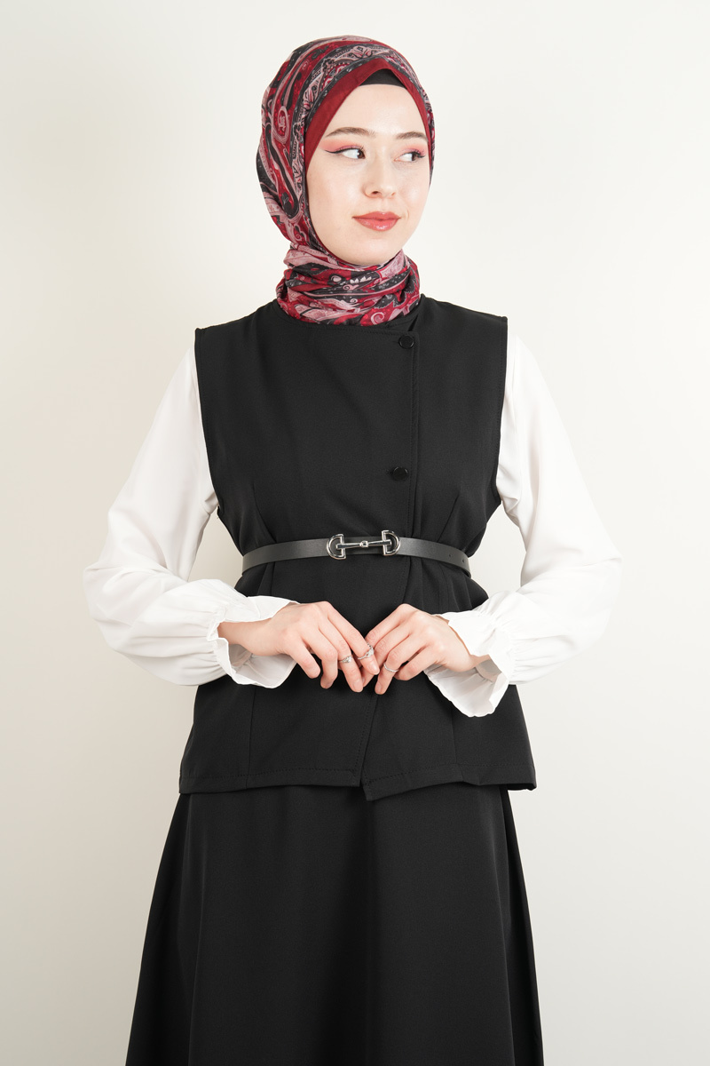 Double Krep Etekli Takım Çapraz Düğmeli 2 li Takım Siyah - 3
