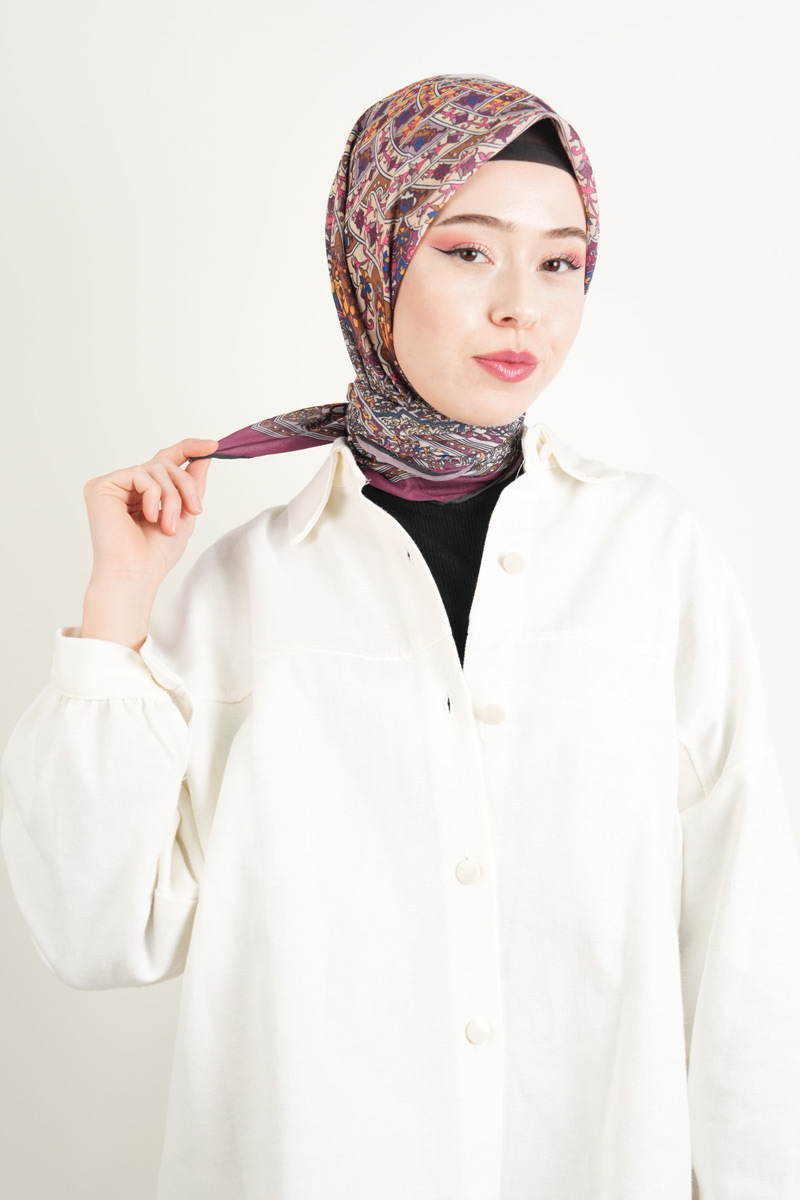 Etnik Desen Soft Eşarp - Mürdüm - 1