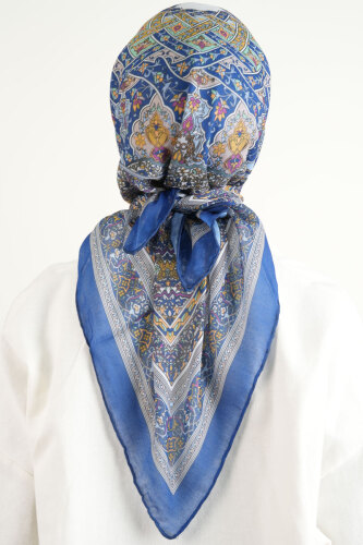 Etnik Desen Soft Eşarp - Saks Mavisi - 3
