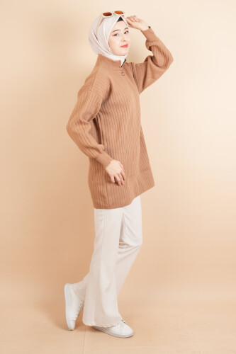 Fermuarlı Yarım Hakim Yaka Dik Fitilli Tunik Kazak Bej - 03Kız Kulesi Teks (1)