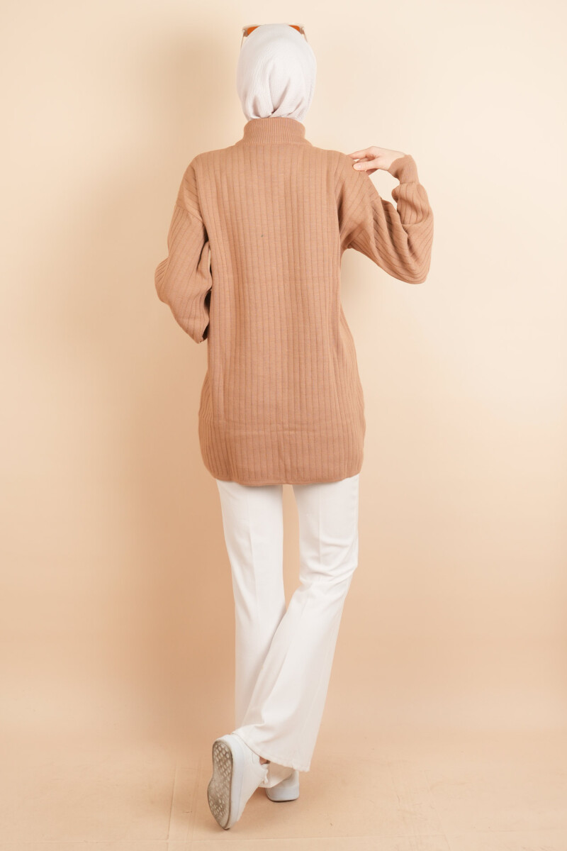 Fermuarlı Yarım Hakim Yaka Dik Fitilli Tunik Kazak Bej - 3