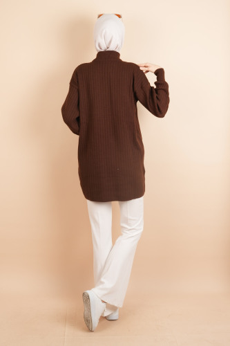 Fermuarlı Yarım Hakim Yaka Dik Fitilli Tunik Kazak Kahverengi - 03Kız Kulesi Teks (1)