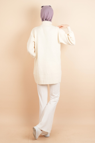 Fermuarlı Yarım Hakim Yaka Dik Fitilli Tunik Kazak Krem - 03Kız Kulesi Teks (1)