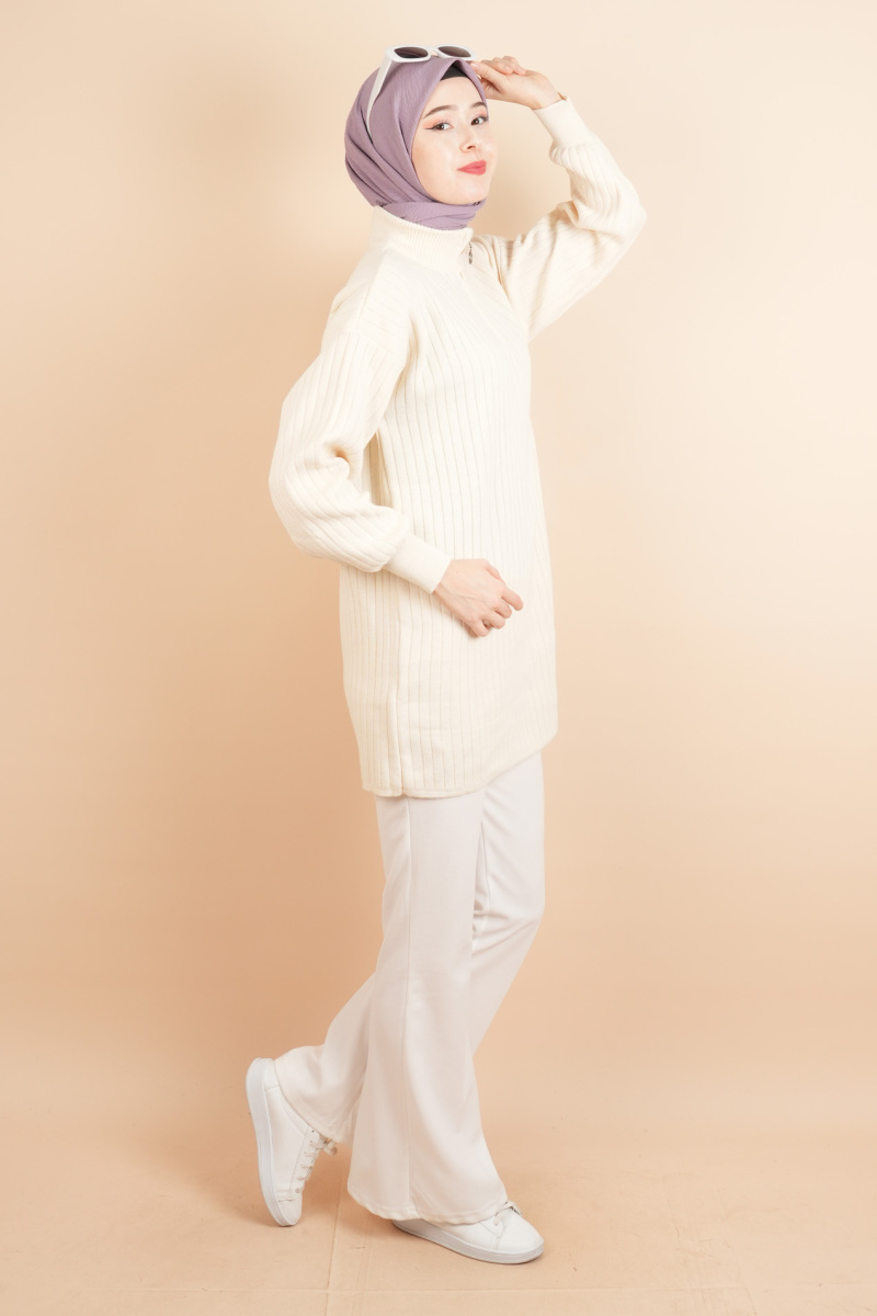 Fermuarlı Yarım Hakim Yaka Dik Fitilli Tunik Kazak Krem - 3