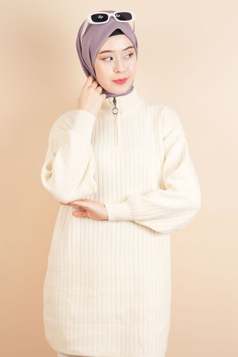 Fermuarlı Yarım Hakim Yaka Dik Fitilli Tunik Kazak Krem - 4