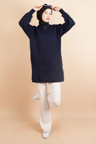 Fermuarlı Yarım Hakim Yaka Dik Fitilli Tunik Kazak Lacivert - 03Kız Kulesi Teks