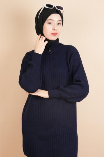 Fermuarlı Yarım Hakim Yaka Dik Fitilli Tunik Kazak Lacivert - 03Kız Kulesi Teks (1)