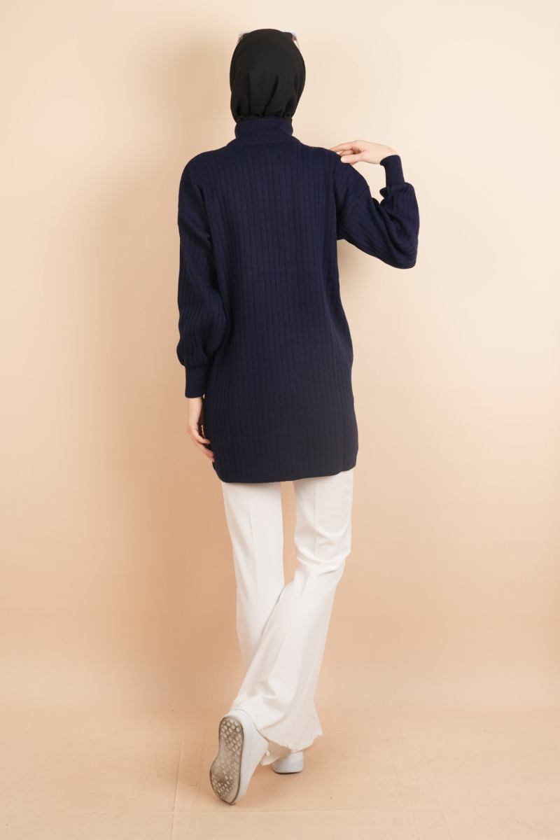 Fermuarlı Yarım Hakim Yaka Dik Fitilli Tunik Kazak Lacivert - 3