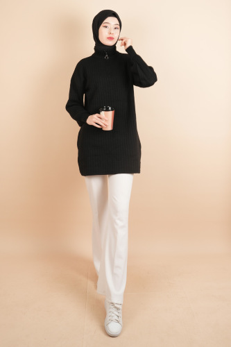 Fermuarlı Yarım Hakim Yaka Dik Fitilli Tunik Kazak Siyah - 03Kız Kulesi Teks