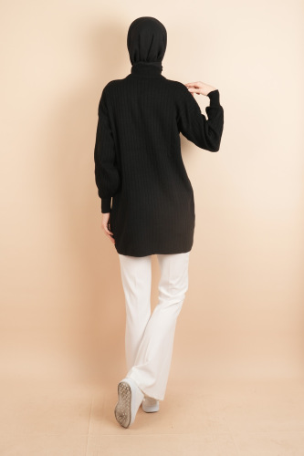 Fermuarlı Yarım Hakim Yaka Dik Fitilli Tunik Kazak Siyah - 03Kız Kulesi Teks (1)