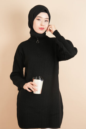 Fermuarlı Yarım Hakim Yaka Dik Fitilli Tunik Kazak Siyah - 4