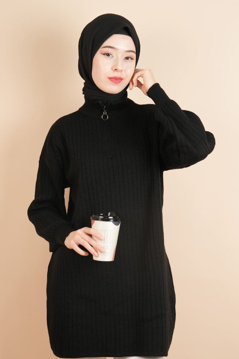 Fermuarlı Yarım Hakim Yaka Dik Fitilli Tunik Kazak Siyah - 4