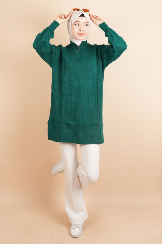 Fermuarlı Yarım Hakim Yaka Dik Fitilli Tunik Kazak Zümrüt - 03Kız Kulesi Teks