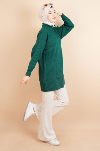 Fermuarlı Yarım Hakim Yaka Dik Fitilli Tunik Kazak Zümrüt - 03Kız Kulesi Teks (1)