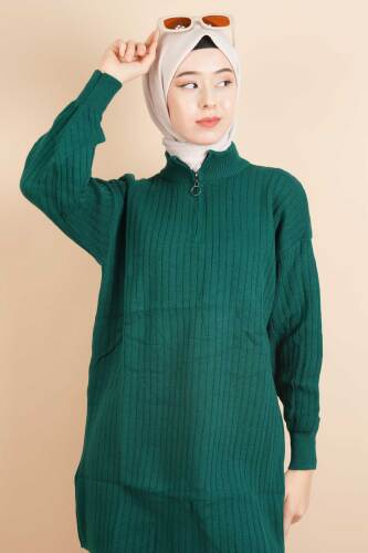 Fermuarlı Yarım Hakim Yaka Dik Fitilli Tunik Kazak Zümrüt - 4