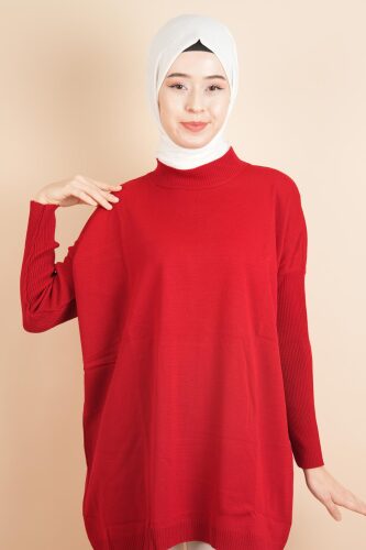 Fitil Kol Yarım Balıkçı Yarasa Kol Kazak Kırmızı - 03Kız Kulesi Teks