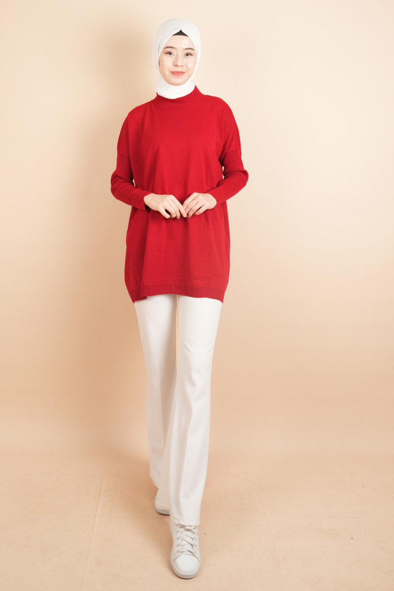 Fitil Kol Yarım Balıkçı Yarasa Kol Kazak Kırmızı - 2